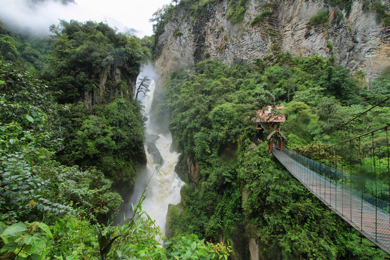 Image of swinging bridge leading to cascading waterfall in rainforest.