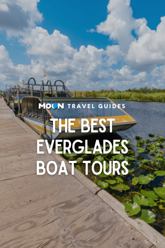 Image of airboat at a dock with text the best Everglades boat tours