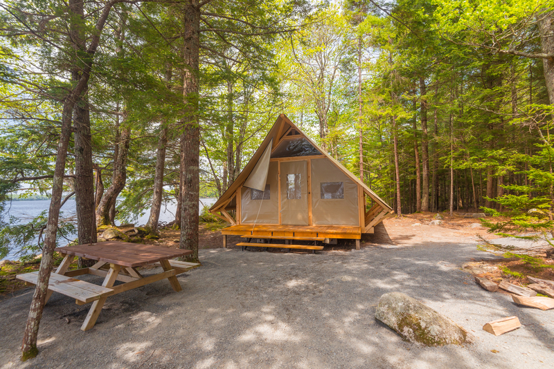 A small A-frame cabin and campsite in the forest.