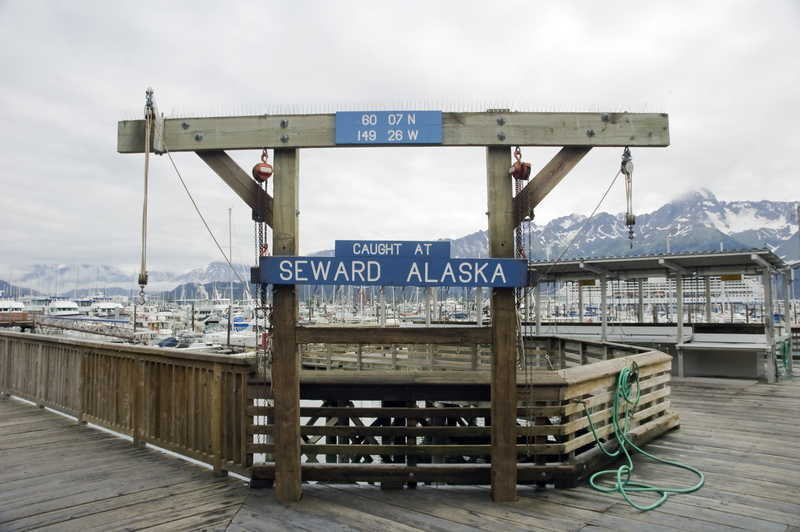 Image of a wooden fishing pier in a boat harbor with a blue sign reading "Caught At Seward Alaska"