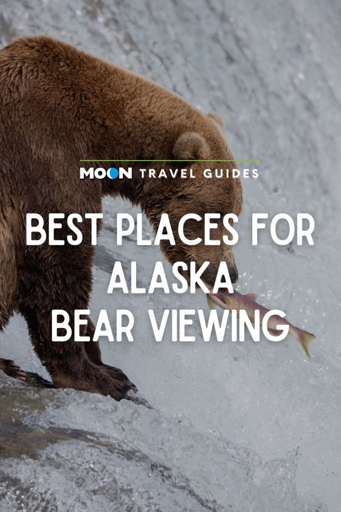 Image of bear catching fish in waterfall with text Best Places for Alaska Bear Viewing