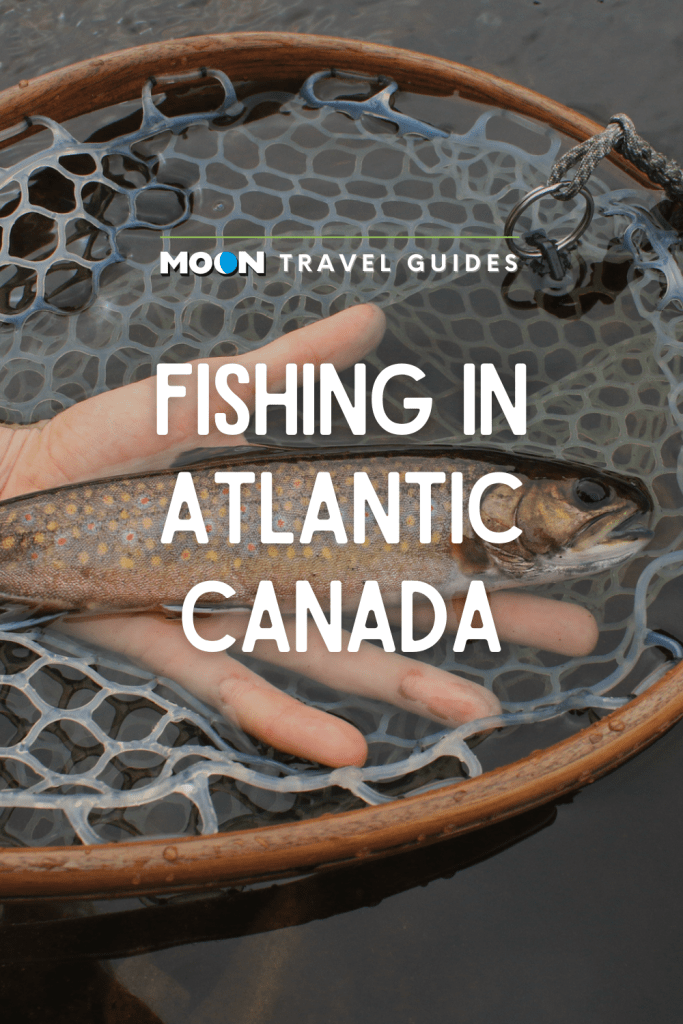 Image of trout in net with text Fishing in Atlantic Canada