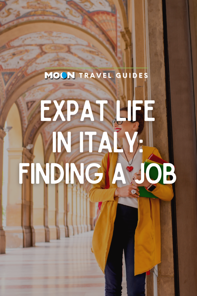 Image of a woman holding file folders with text Expat Life in Italy: Finding a Job