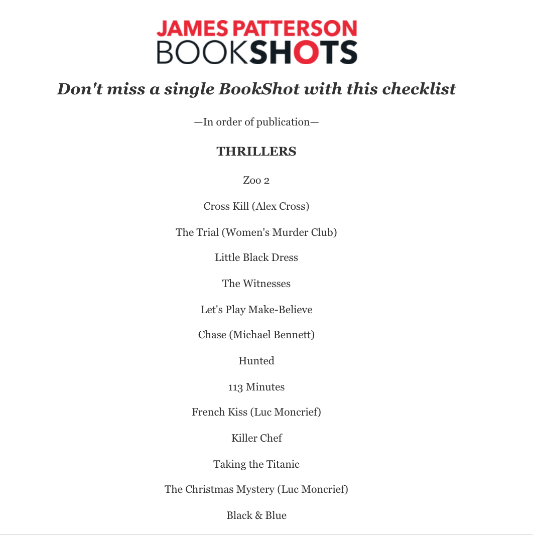 james patterson printable book list