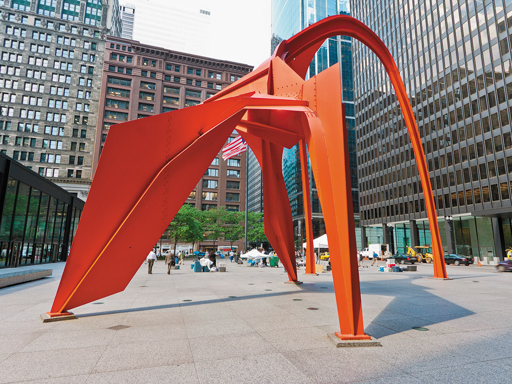 red metal art display in Chicago