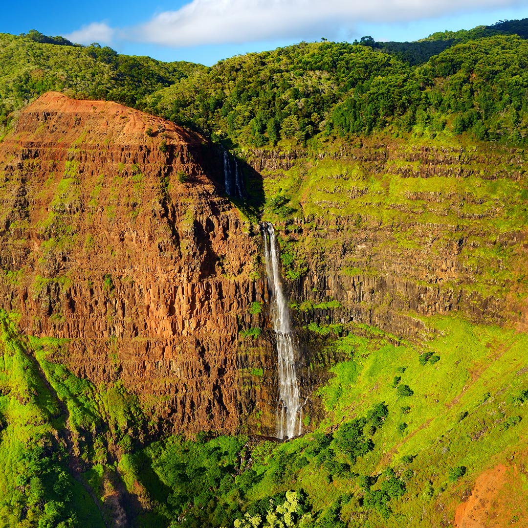 a waterfall plunges into the lush green Waimea Canyon