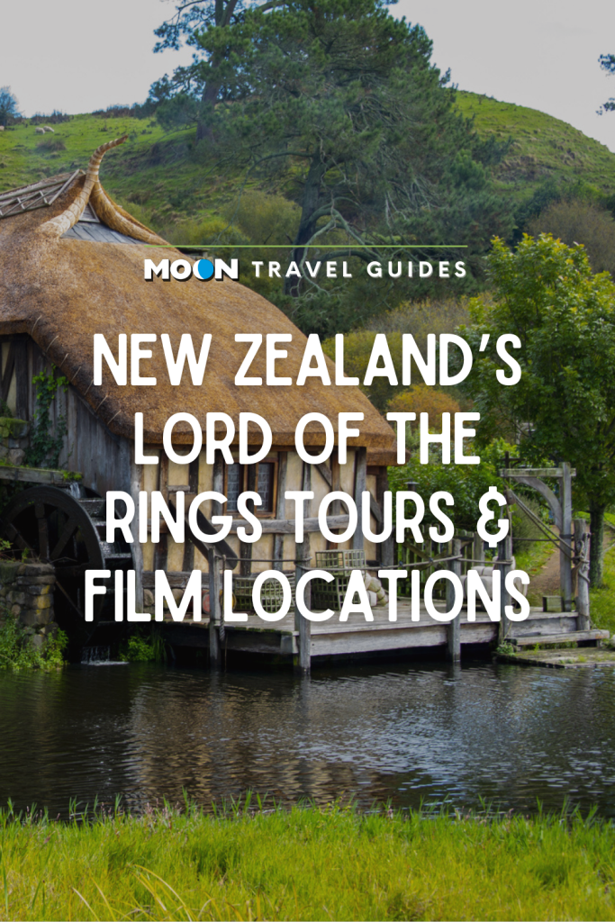 Image of water mill by a pond with text New Zealand's Lord of the Rings Tours & Film Locations