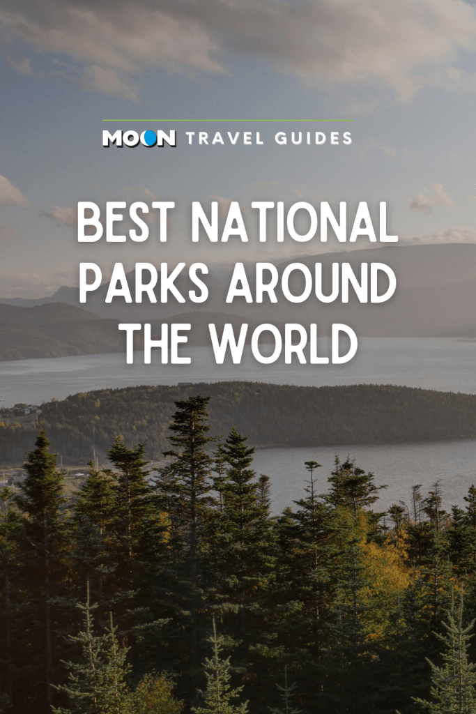 Image of island and evergreen forest with text Best National Parks Around the World