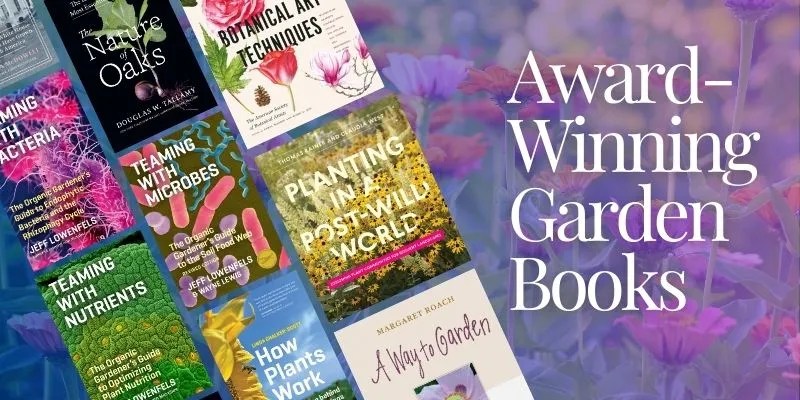 Graphic button that links to a list of award-winning garden books.