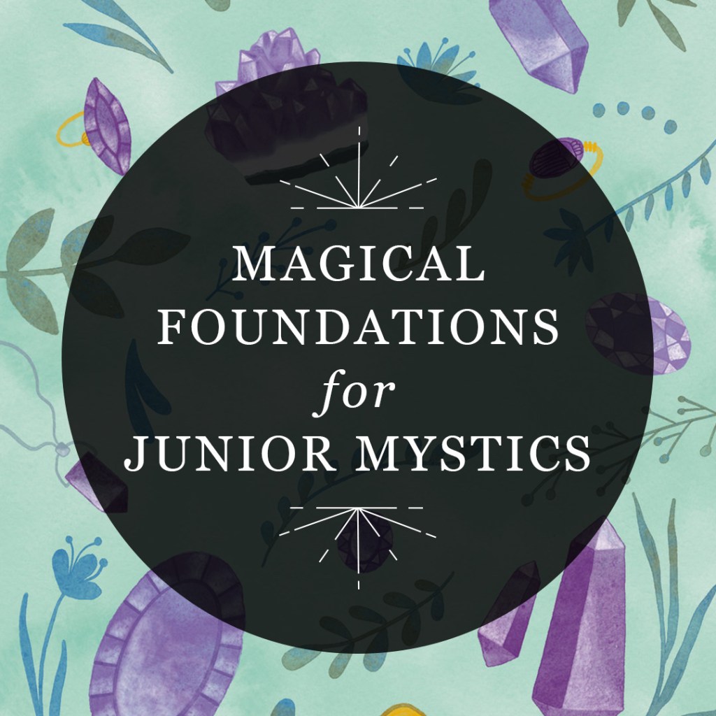 Graphic for RP Mystic category “Magical Foundations for Junior Mystics.” The title is placed in a semi-transparent black circle over an illustration of amethysts in various shapes.