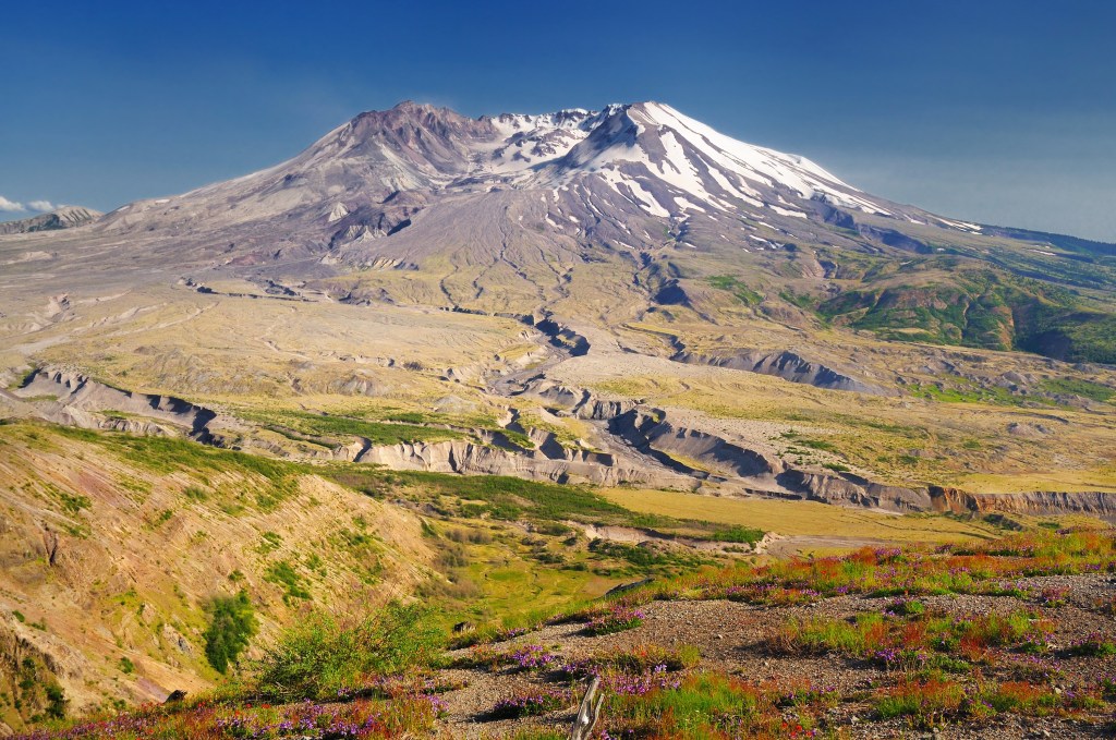 Image of jagged plain leading up to low, snowcapped mountain.