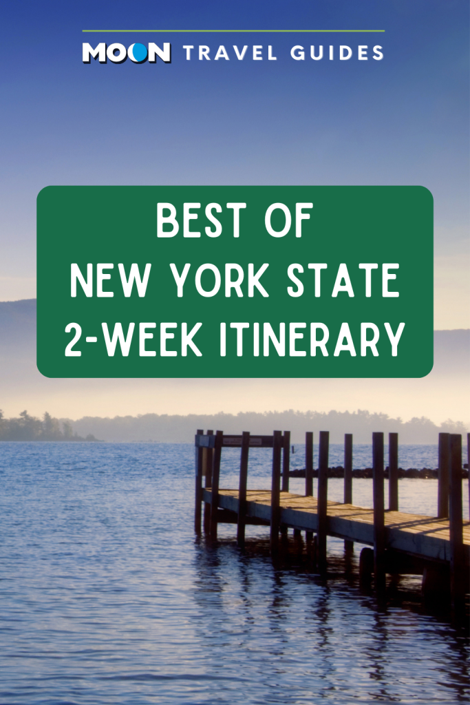 Image of wooden dock in lake with text Best of New York State 2-Week Itinerary