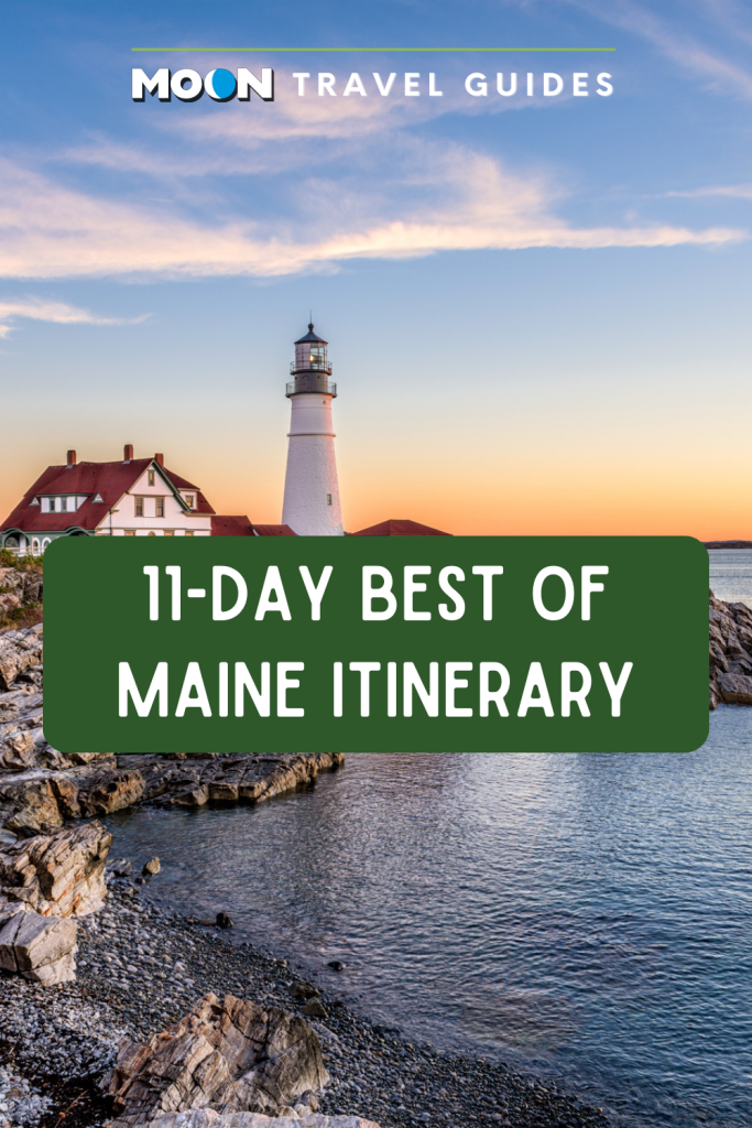 Image of lighthouse at sunset with text 11-Day Best of Maine Itinerary