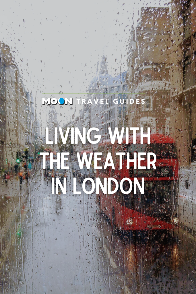 Image of red double decker bus through rainy window with text Living with the Weather in London