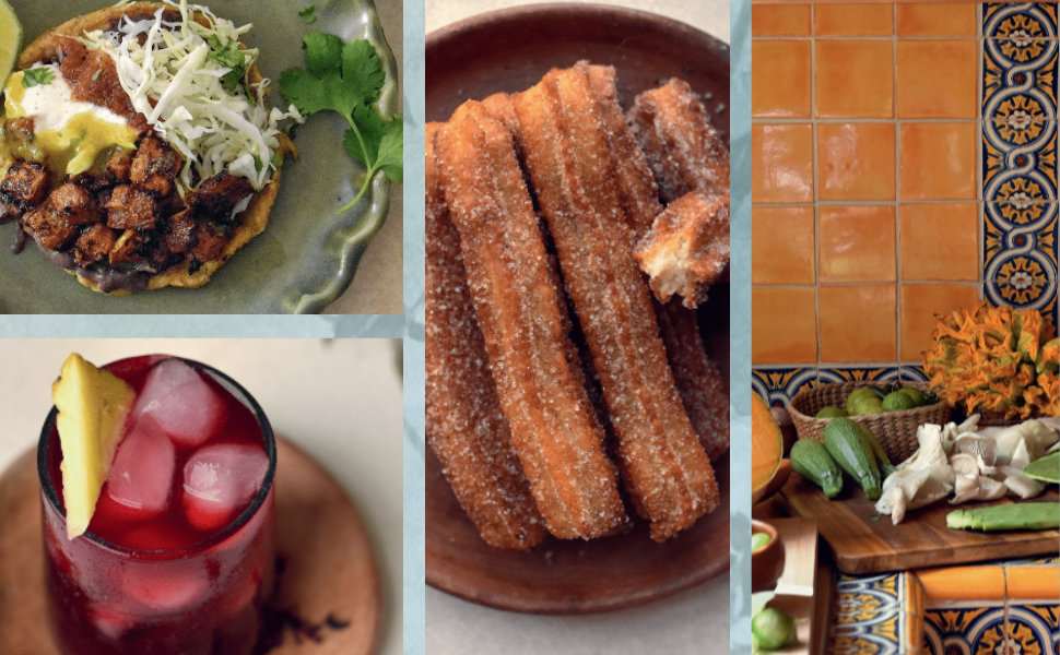 Photos of food: top left sope, bottom left ponche Navideno, middle churros, right cutting board with nopales and squash