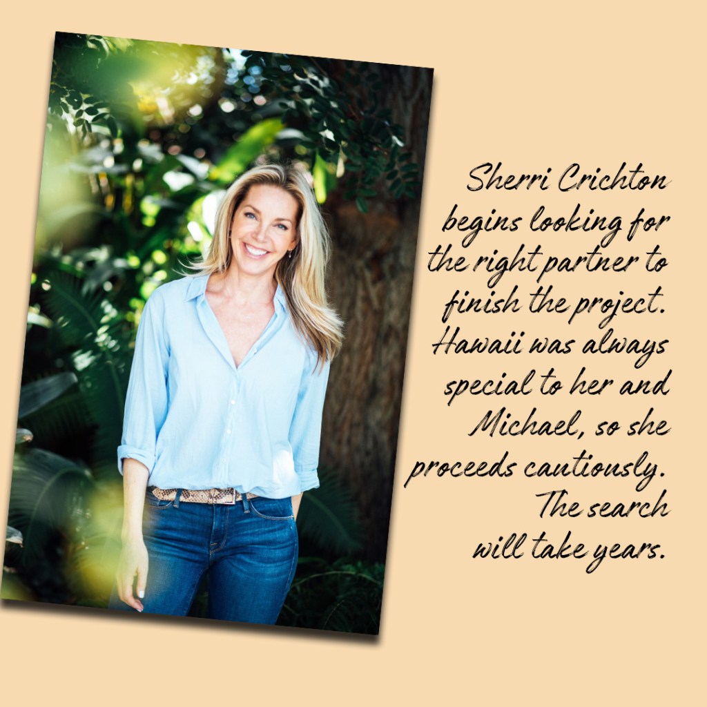 Sherri Crichton begins looking for the right partner to finish the project. Hawaii was always special to her and Michael, so she proceeds cautiously. The search will take years.