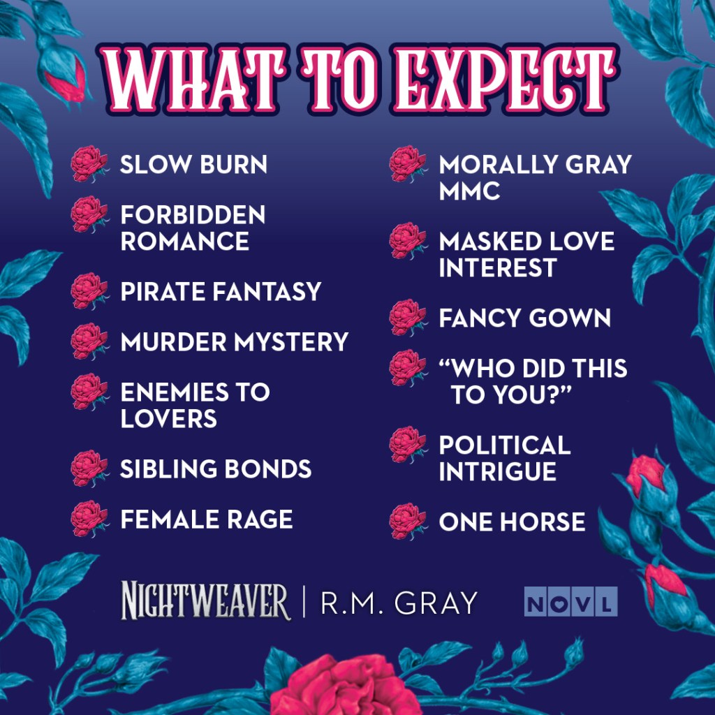 List of tropes under the header "What to Expect" including slow burn, forbidden romance, pirate fantasy, and more.