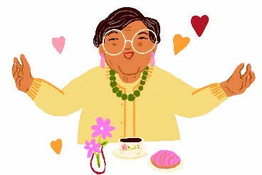 Illustration of an abuela smiling with open arms