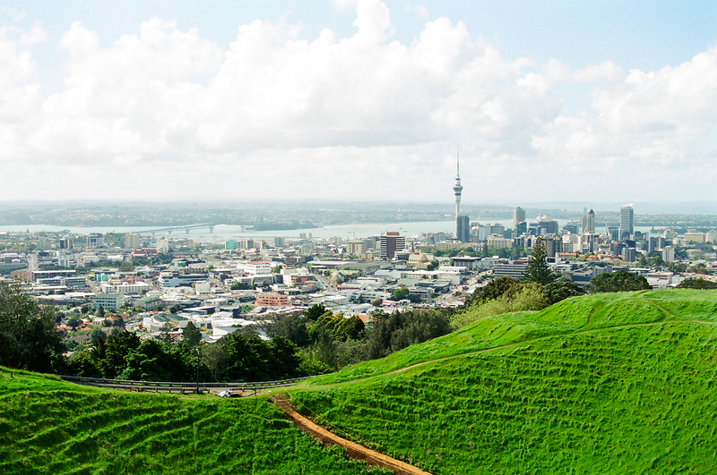 View of city skyline under bright white clouds from top of a bright green hill.