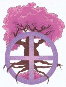 Illustration of a tree behind a wheel divided into four sections, from “The Cosmic Symposium”