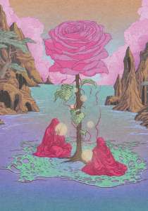 Illustration of two robed priests sitting under a large rose, from “The Cosmic Symposium”