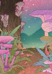 Illustration of vibrant pink fungi and greenery by a large tree trunk, from “The Cosmic Symposium”