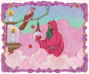 Illustration of a robed priest tending to fruit, a bird, and candles, from “The Cosmic Symposium”