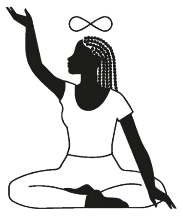 Line illustration of a woman in a seated yoga pose with an infinity symbol above her head