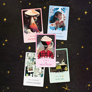 Five face-up cards from the “Millennial Tarot” deck