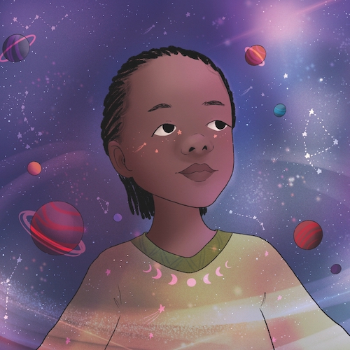 Illustration of a child surrounded by planets and constellations, from "Melanin Magic"