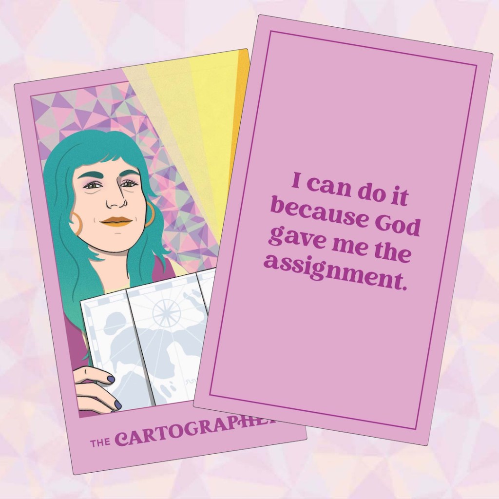 Images of the front and back of The Cartographer card from “Prosperity Mantras”