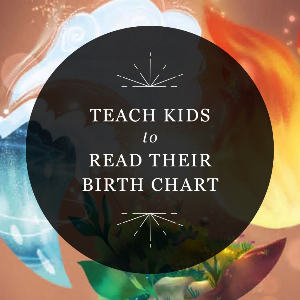 Graphic reading “Teach Kids to Read Their Birth Chart” in a semi-transparent black circle over an illustration of the elements of air, fire, earth, and water, from “Melanin Magic”