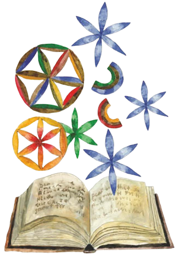 An illustration of an open book with magical symbols above it, from "The Uncommon Book of Prayer"