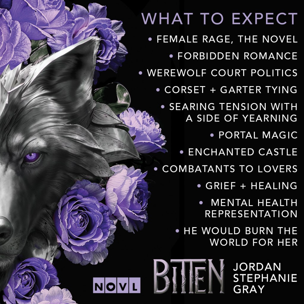 Graphic for Bitten by Jordan Stephanie Gray. Text is a list of tropes to expect in the book.