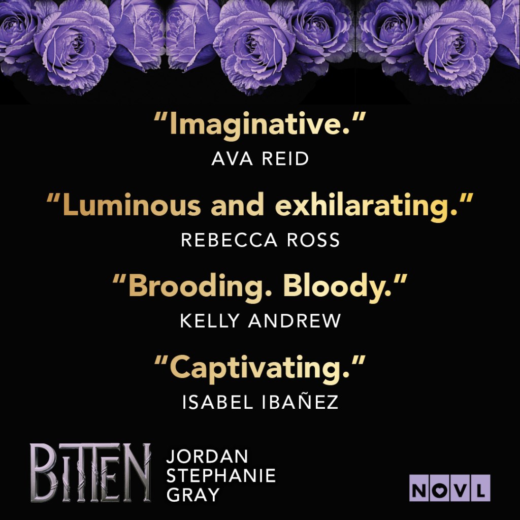 Graphic for Bitten by Jordan Stephanie Gray. Text of short blurbs about the book.