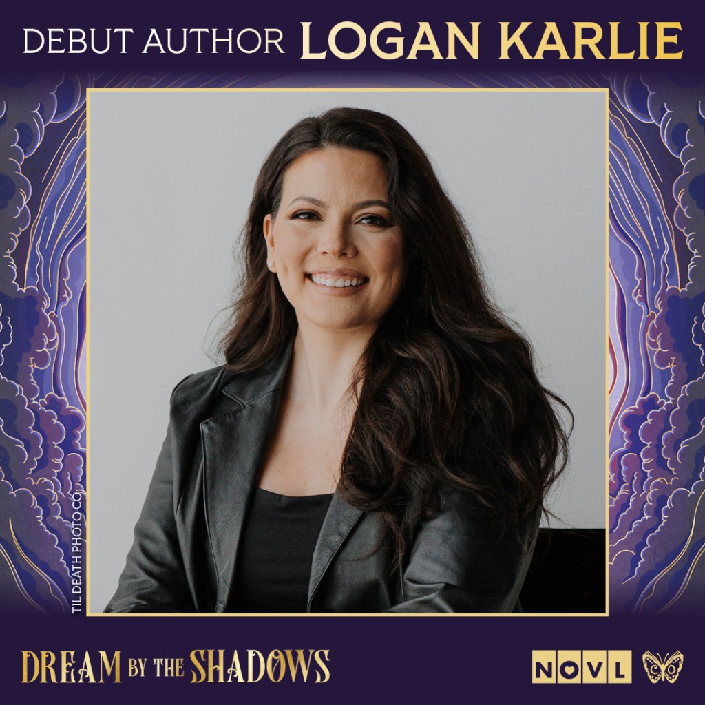 Graphic featuring photo of debut author Logan Karlie