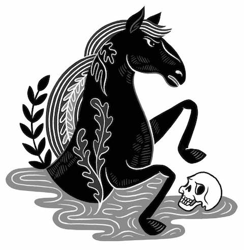 Black and white illustration of a kelpie