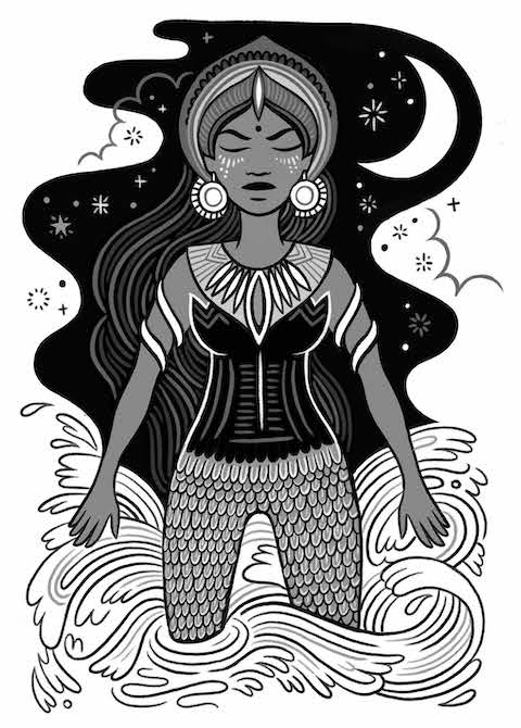 Black and white illustration of Yemoja